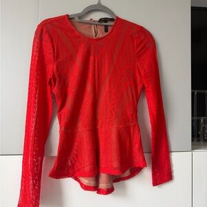 BCBGMaxAzria Red Lace Long Sleeve Top